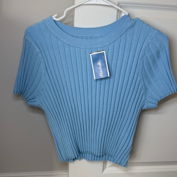 Blue Ribbed Short Sleeve Top - Picture 4 of 5